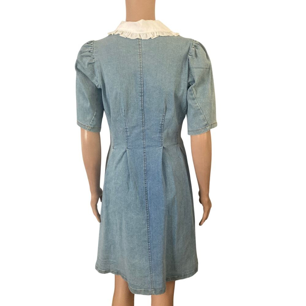 Vintage Denim Dress Womens Small Puff Sleeve Button Front Cottagecore Blue - Picture 3 of 8